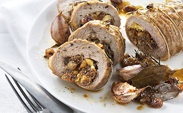 Roulade de veau farcie aux pommes, raisins et pain d'épices